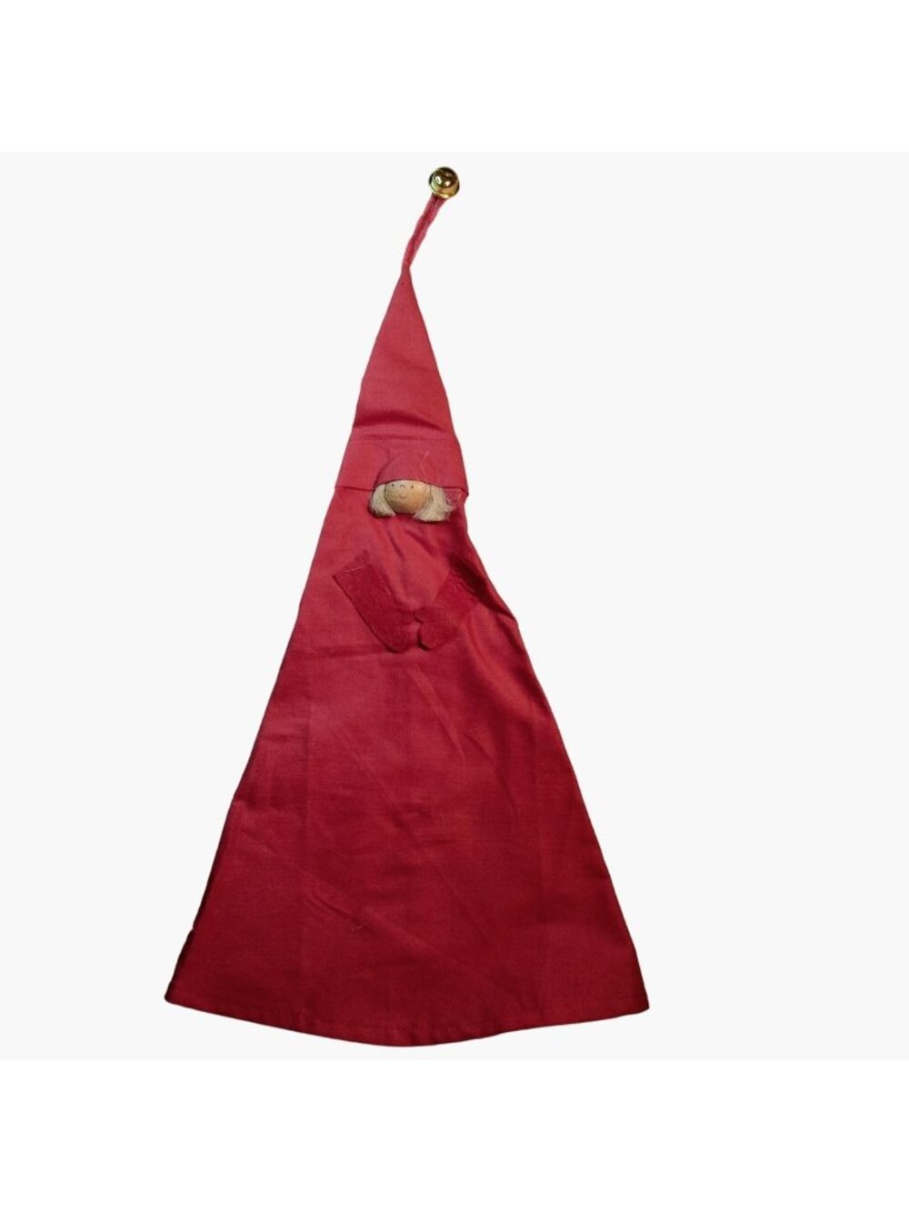 Christmas Elf Hat Handcrafted Wooden Doll Red Fabric Jingle Bell riding Hood
